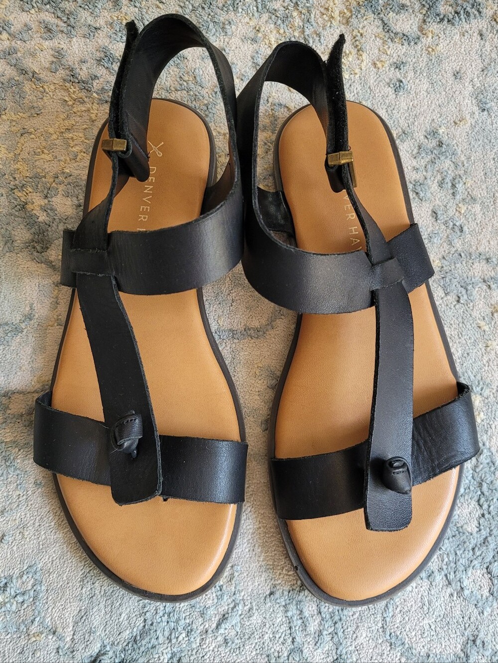 Denver Hayes Black and Tan Leather Slingback Sandals